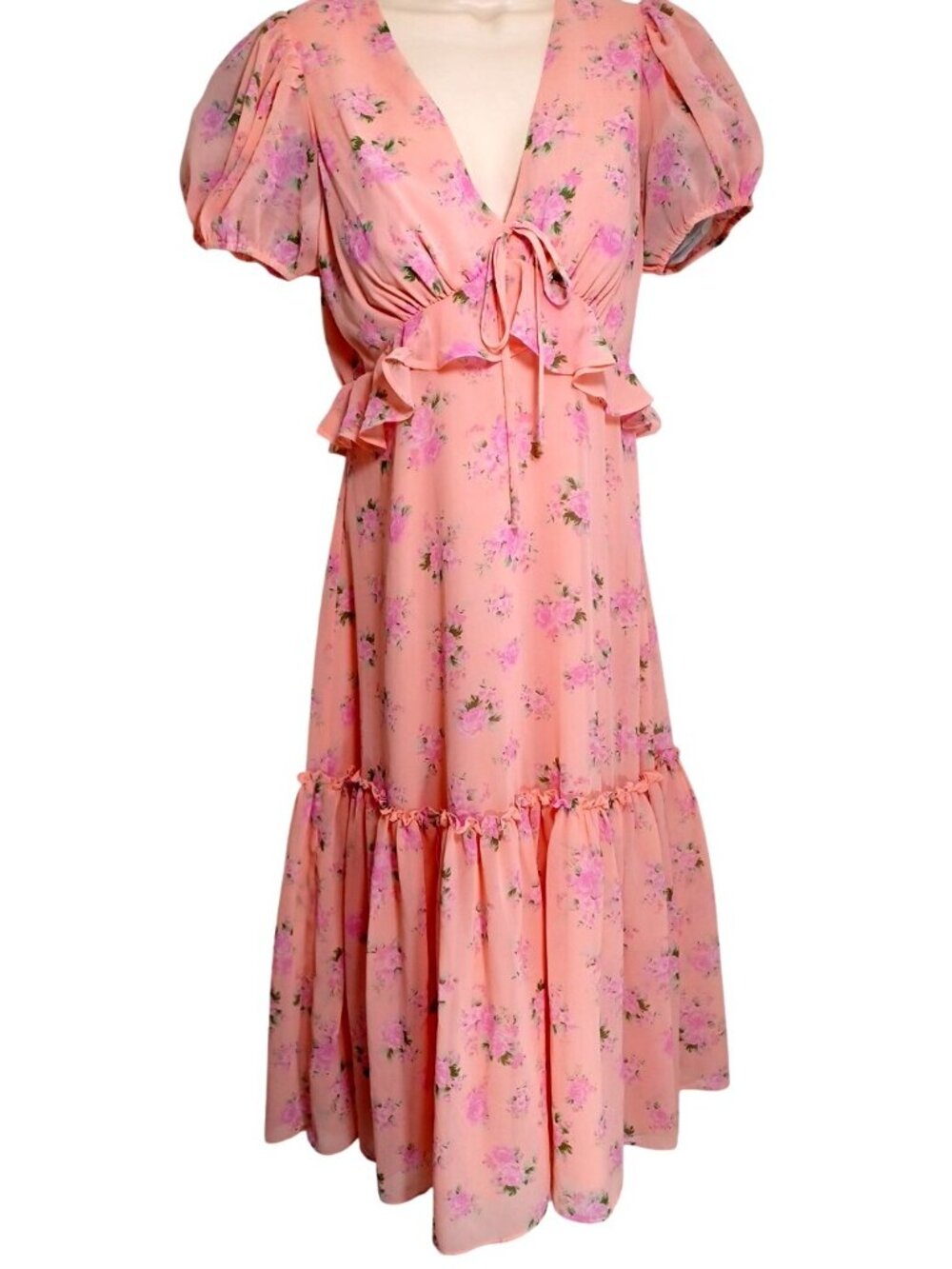 Loveshack Fancy Sz 6 Pink Rose Floral Chiffon Dress Cottage Core Boho Coquette - Picture 2 of 13